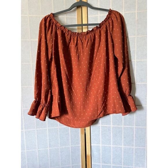 KOJOON women’s rust orange textured off the shoulder long sleeve blouse - Picture 2 of 8